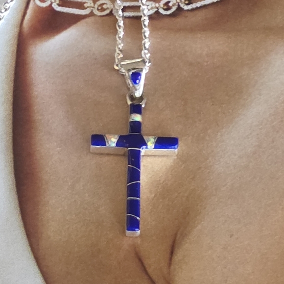 Sterling Silver Cross Pendant w/Lapis & Opal - Picture 14 of 16